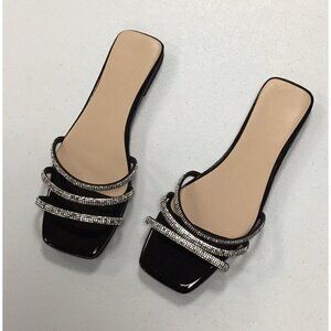 Black Rhinestone Strap Slide Sandals - Women